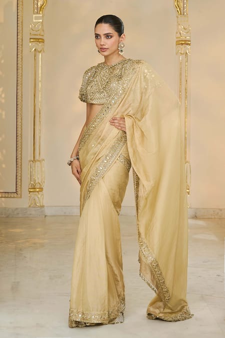 Buy_Arpita Mehta_Gold Tissue, Net Mirrors, Sequins, Embroidery Round Neck Saree And Hand Blouse _Online_at_Aza_Fashions