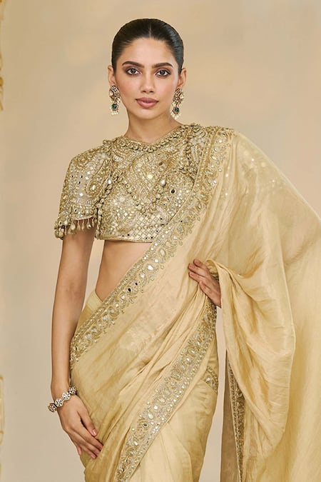 Arpita Mehta_Gold Tissue, Net Mirrors, Sequins, Embroidery Round Neck Saree And Hand Blouse _at_Aza_Fashions