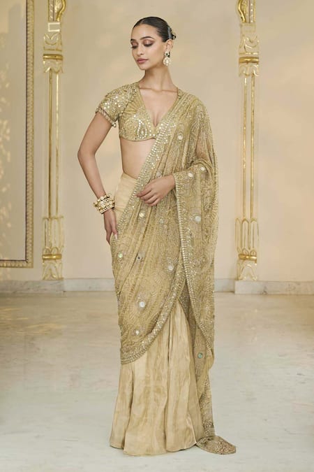 Buy_Arpita Mehta_Gold Tissue, Net Embroidery, Sequins, Mirrors, Godet Pre-draped And Blouse Set _Online_at_Aza_Fashions