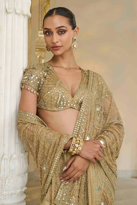 Shop_Arpita Mehta_Gold Tissue, Net Embroidery, Sequins, Mirrors, Godet Pre-draped And Blouse Set _Online_at_Aza_Fashions