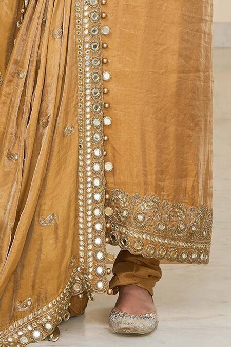 Arpita Mehta_Gold Tissue, Dupion Embroidery, Mirrors, Beads, Hand Long Kurta Churidar Set _Online_at_Aza_Fashions