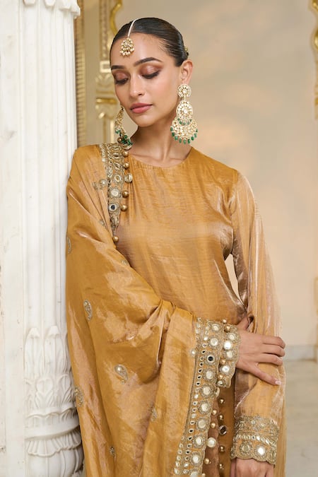 Shop_Arpita Mehta_Gold Tissue, Dupion Embroidery, Mirrors, Beads, Hand Long Kurta Churidar Set _Online_at_Aza_Fashions