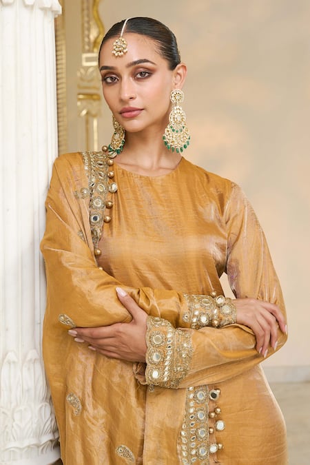 Buy_Arpita Mehta_Gold Tissue, Dupion Embroidery, Mirrors, Beads, Hand Long Kurta Churidar Set 