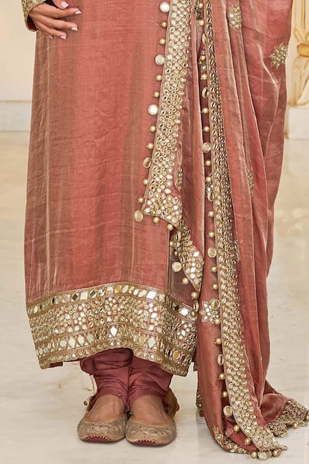 Arpita Mehta_Brown Tissue, Dupion Embroidery, Mirrors, Gota Hand Long Kurta Churidar Set _Online_at_Aza_Fashions
