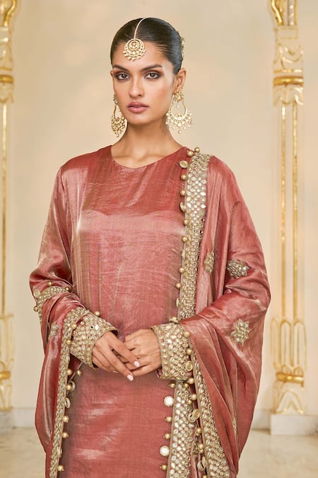 Buy_Arpita Mehta_Brown Tissue, Dupion Embroidery, Mirrors, Gota Hand Long Kurta Churidar Set _Online_at_Aza_Fashions