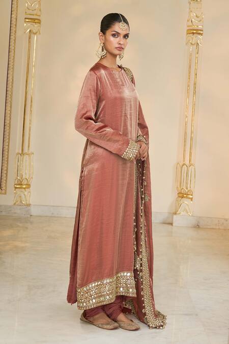 Shop_Arpita Mehta_Brown Tissue, Dupion Embroidery, Mirrors, Gota Hand Long Kurta Churidar Set _Online_at_Aza_Fashions