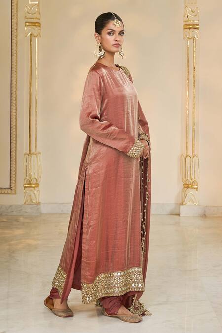 Arpita Mehta_Brown Tissue, Dupion Embroidery, Mirrors, Gota Hand Long Kurta Churidar Set _at_Aza_Fashions