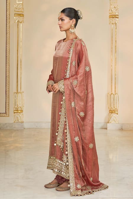 Buy_Arpita Mehta_Brown Tissue, Dupion Embroidery, Mirrors, Gota Hand Long Kurta Churidar Set 