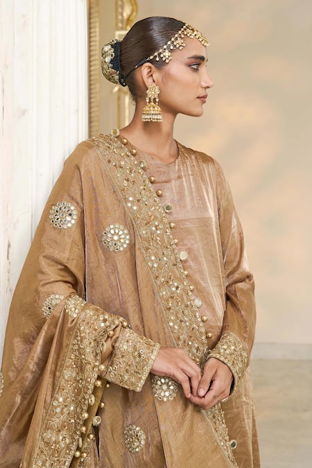 Arpita Mehta_Gold Tissue, Dupion Embroidery, Mirrors, Metallic Hand Kurta Churidar Set _Online_at_Aza_Fashions