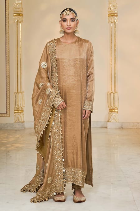 Shop_Arpita Mehta_Gold Tissue, Dupion Embroidery, Mirrors, Metallic Hand Kurta Churidar Set _Online_at_Aza_Fashions