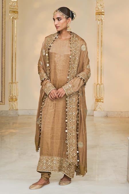 Arpita Mehta_Gold Tissue, Dupion Embroidery, Mirrors, Metallic Hand Kurta Churidar Set _at_Aza_Fashions