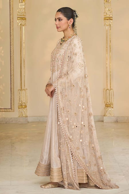 Arpita Mehta_Rose Gold Tissue, Net, Dupion Embroidery, Hand Long Anarkali And Jaal Dupatta Set _Online_at_Aza_Fashions