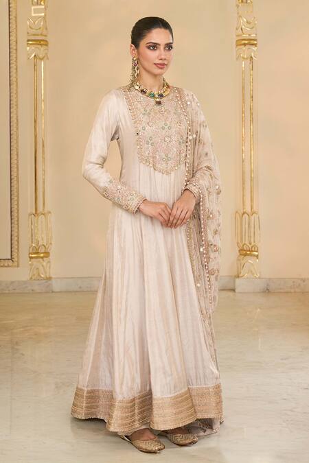 Buy_Arpita Mehta_Rose Gold Tissue, Net, Dupion Embroidery, Hand Long Anarkali And Jaal Dupatta Set _Online_at_Aza_Fashions