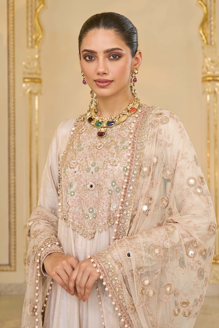 Shop_Arpita Mehta_Rose Gold Tissue, Net, Dupion Embroidery, Hand Long Anarkali And Jaal Dupatta Set _Online_at_Aza_Fashions