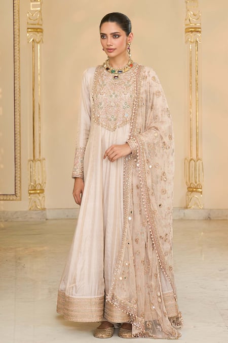 Arpita Mehta_Rose Gold Tissue, Net, Dupion Embroidery, Hand Long Anarkali And Jaal Dupatta Set _at_Aza_Fashions