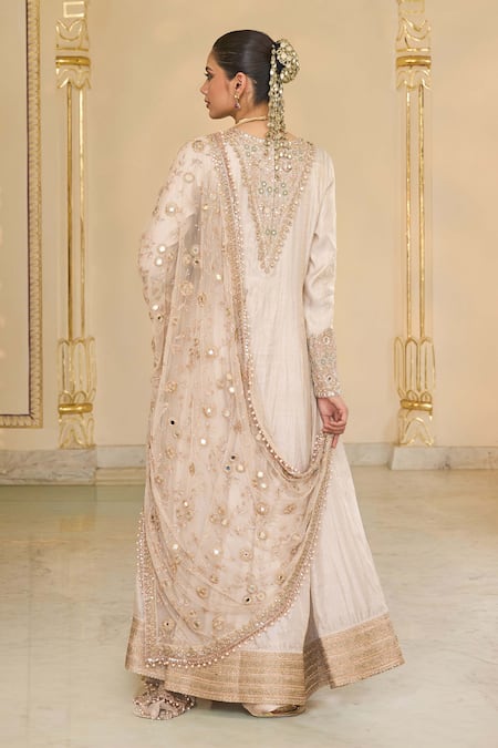 Arpita Mehta Tissue Hand Embroidered Long Anarkali & Jaal Dupatta Set 