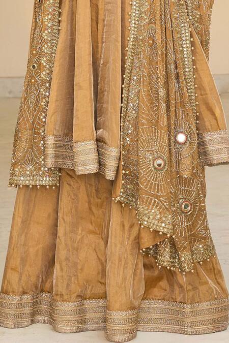 Arpita Mehta Gold Tissue Embroidery, Mirrors, Hand Anarkali Sharara And Jaal Dupatta Set Online at Aza Fashions Arpita Mehta_Gold Tissue Embroidery, Mirrors, Hand Anarkali Sharara And Jaal Dupatta Set _Online_at_Aza_Fashions