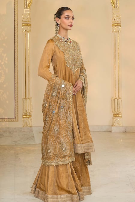 Shop Arpita Mehta Gold Tissue Embroidery, Mirrors, Hand Anarkali Sharara And Jaal Dupatta Set Online at Aza Fashions Shop_Arpita Mehta_Gold Tissue Embroidery, Mirrors, Hand Anarkali Sharara And Jaal Dupatta Set _Online_at_Aza_Fashions