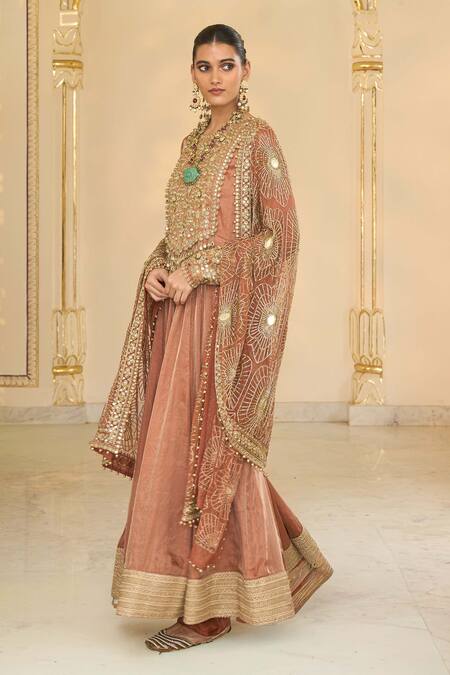 Arpita Mehta Brown Tissue, Dupion, Net Embroidery, Hand Long Anarkali And Jaal Dupatta Online at Aza Fashions Arpita Mehta_Brown Tissue, Dupion, Net Embroidery, Hand Long Anarkali And Jaal Dupatta _Online_at_Aza_Fashions