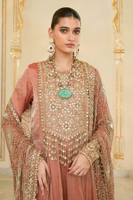 Shop Arpita Mehta Brown Tissue, Dupion, Net Embroidery, Hand Long Anarkali And Jaal Dupatta Online at Aza Fashions Shop_Arpita Mehta_Brown Tissue, Dupion, Net Embroidery, Hand Long Anarkali And Jaal Dupatta _Online_at_Aza_Fashions