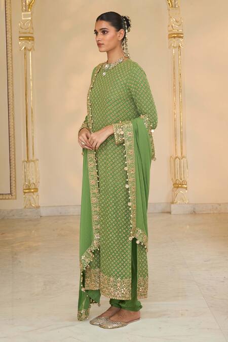 Arpita Mehta Olive Green Georgette, Dupion Star Pattern Kurta, Churidar And Dupatta Set Online at Aza Fashions Arpita Mehta_Olive Green Georgette, Dupion Star Pattern Kurta, Churidar And Dupatta Set _Online_at_Aza_Fashions
