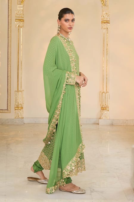 Buy Arpita Mehta Olive Green Georgette, Dupion Star Pattern Kurta, Churidar And Dupatta Set Online at Aza Fashions Buy_Arpita Mehta_Olive Green Georgette, Dupion Star Pattern Kurta, Churidar And Dupatta Set _Online_at_Aza_Fashions