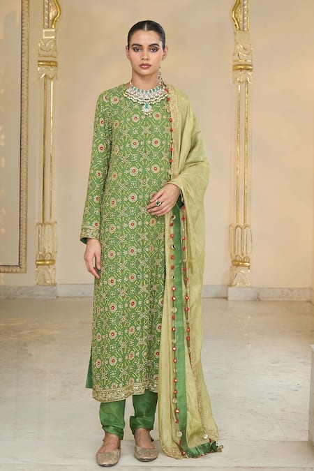 Arpita Mehta Olive Green Georgette, Dupion, Tissue Bandhani Kurta Set With Dupatta Online at Aza Fashions Arpita Mehta_Olive Green Georgette, Dupion, Tissue Bandhani Kurta Set With Dupatta _Online_at_Aza_Fashions