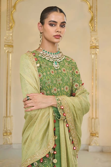 Buy Arpita Mehta Olive Green Georgette, Dupion, Tissue Bandhani Kurta Set With Dupatta Online at Aza Fashions Buy_Arpita Mehta_Olive Green Georgette, Dupion, Tissue Bandhani Kurta Set With Dupatta _Online_at_Aza_Fashions
