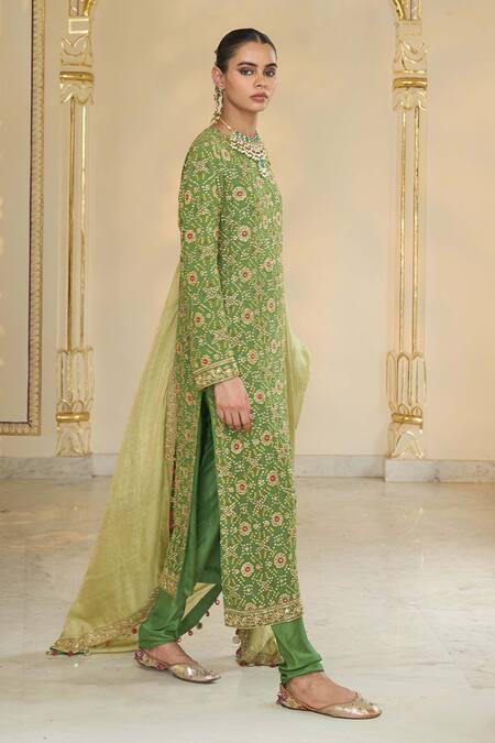 Shop Arpita Mehta Olive Green Georgette, Dupion, Tissue Bandhani Kurta Set With Dupatta Online at Aza Fashions Shop_Arpita Mehta_Olive Green Georgette, Dupion, Tissue Bandhani Kurta Set With Dupatta _Online_at_Aza_Fashions