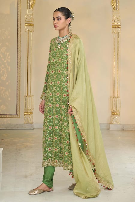 Arpita Mehta Olive Green Georgette, Dupion, Tissue Bandhani Kurta Set With Dupatta at Aza Fashions Arpita Mehta_Olive Green Georgette, Dupion, Tissue Bandhani Kurta Set With Dupatta _at_Aza_Fashions