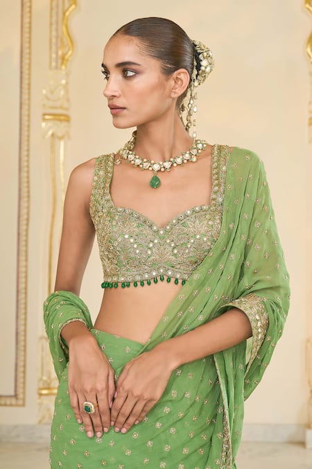 Shop Arpita Mehta Olive Green Georgette, Net Embroidery, Sequins, Zari, Hand Ruffle Sari Set Online at Aza Fashions Shop_Arpita Mehta_Olive Green Georgette, Net Embroidery, Sequins, Zari, Hand Ruffle Sari Set _Online_at_Aza_Fashions