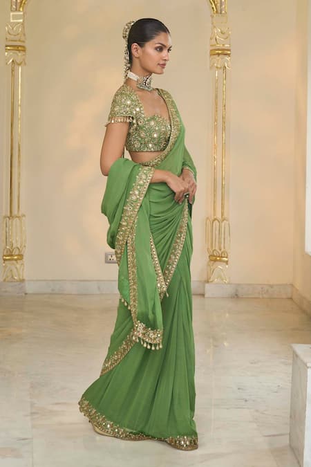 Arpita Mehta_Olive Green Georgette, Net Embroidery, Mirrors, Zari Hand Saree And Blouse Set _Online_at_Aza_Fashions