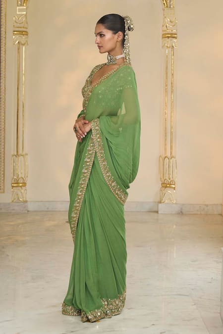 Buy_Arpita Mehta_Olive Green Georgette, Net Embroidery, Mirrors, Zari Hand Saree And Blouse Set _Online_at_Aza_Fashions