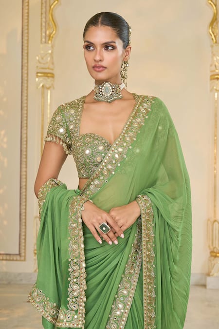 Shop_Arpita Mehta_Olive Green Georgette, Net Embroidery, Mirrors, Zari Hand Saree And Blouse Set _Online_at_Aza_Fashions