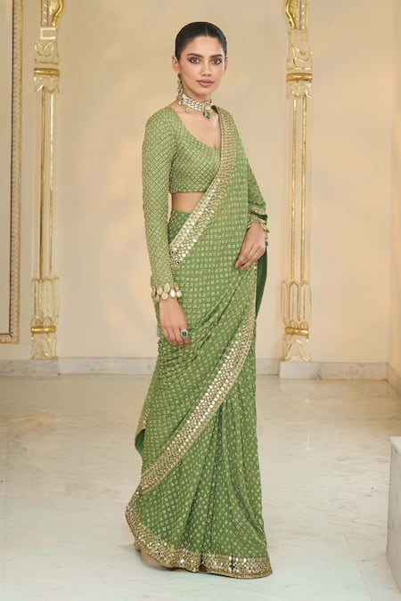 Arpita Mehta_Olive Green Georgette Embroidery, Mirrors, Sequins Scoop Shand Star Saree Set _Online_at_Aza_Fashions
