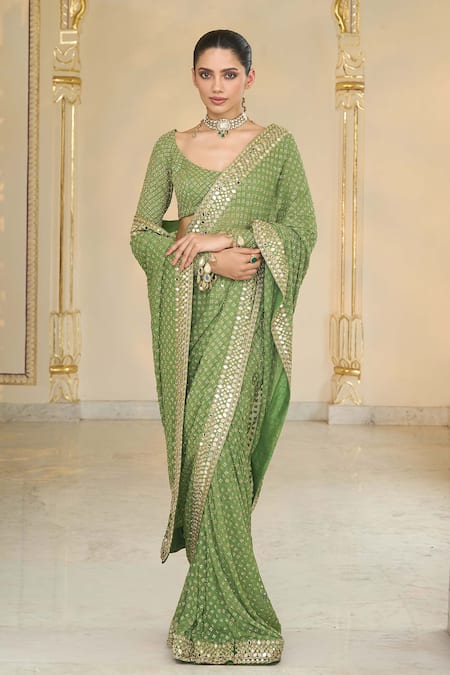 Buy_Arpita Mehta_Olive Green Georgette Embroidery, Mirrors, Sequins Scoop Shand Star Saree Set _Online_at_Aza_Fashions