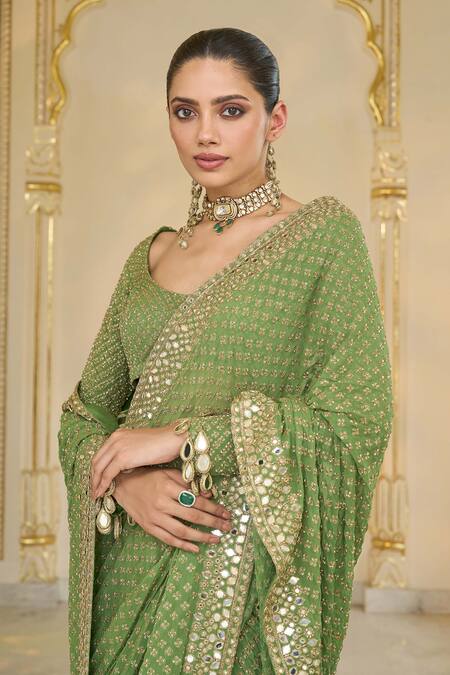 Shop_Arpita Mehta_Olive Green Georgette Embroidery, Mirrors, Sequins Scoop Shand Star Saree Set _Online_at_Aza_Fashions
