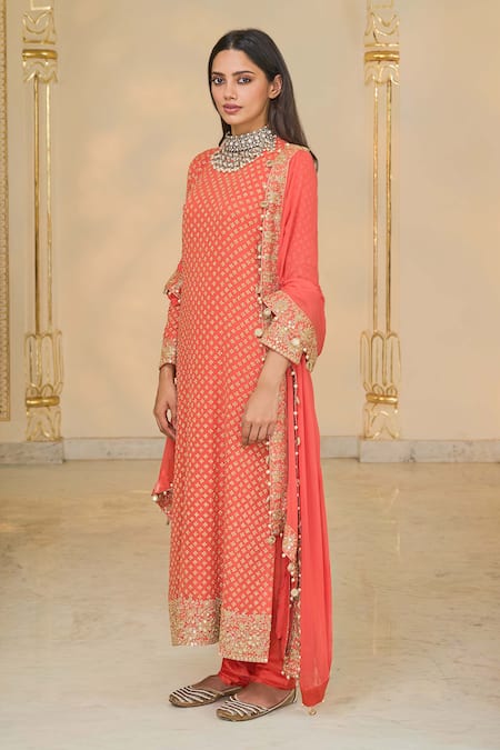 Arpita Mehta_Coral Georgette, Dupion, Silk Star Motif Long Kurta Churidar And Dupatta Set _Online_at_Aza_Fashions
