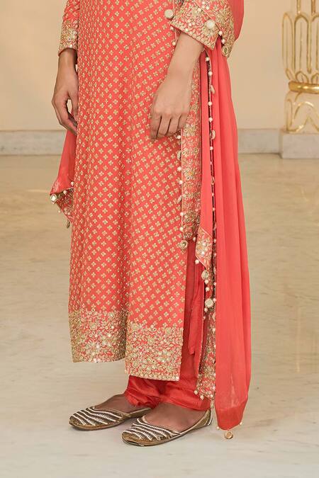 Buy_Arpita Mehta_Coral Georgette, Dupion, Silk Star Motif Long Kurta Churidar And Dupatta Set _Online_at_Aza_Fashions