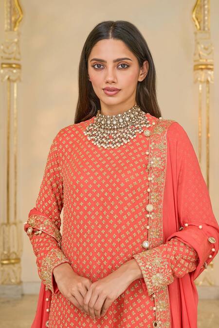 Shop_Arpita Mehta_Coral Georgette, Dupion, Silk Star Motif Long Kurta Churidar And Dupatta Set _Online_at_Aza_Fashions