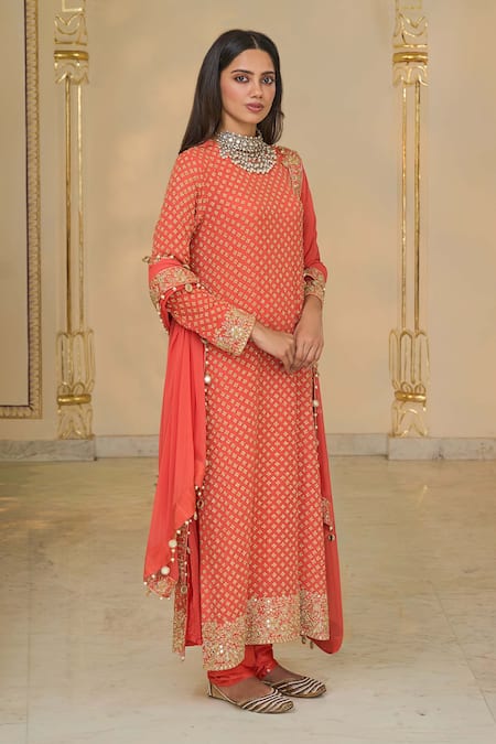 Arpita Mehta_Coral Georgette, Dupion, Silk Star Motif Long Kurta Churidar And Dupatta Set _at_Aza_Fashions