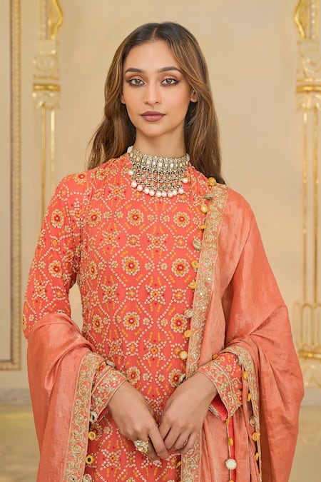 Arpita Mehta_Coral Georgette, Dupion, Tissue Bandhani Pattern Kurta Churidar Dupatta Set _Online_at_Aza_Fashions