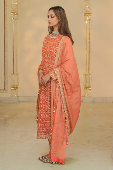 Buy_Arpita Mehta_Coral Georgette, Dupion, Tissue Bandhani Pattern Kurta Churidar Dupatta Set _Online_at_Aza_Fashions