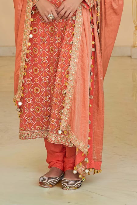 Arpita Mehta_Coral Georgette, Dupion, Tissue Bandhani Pattern Kurta Churidar Dupatta Set _at_Aza_Fashions