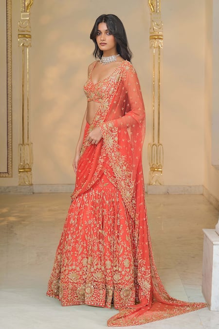 Buy_Arpita Mehta_Coral Net Embroidery, Zari, Sequins V-neck Pre-draped Lehenga Saree And Blouse _Online_at_Aza_Fashions