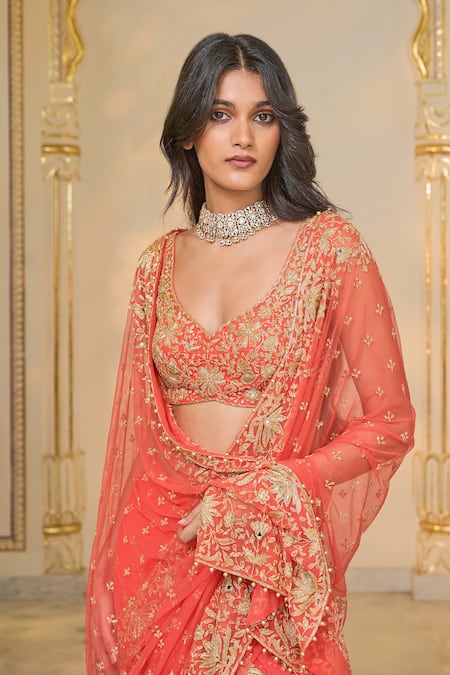 Shop_Arpita Mehta_Coral Net Embroidery, Zari, Sequins V-neck Pre-draped Lehenga Saree And Blouse _Online_at_Aza_Fashions