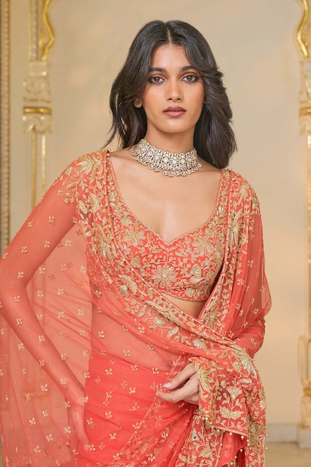 Arpita Mehta_Coral Net Embroidery, Zari, Sequins V-neck Pre-draped Lehenga Saree And Blouse _at_Aza_Fashions