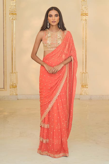 Arpita Mehta Ruffle Sari Set With Mirror Work Blouse 