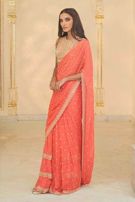 Buy Arpita Mehta Coral Georgette, Net Sequins, Zari, Mirrors, Ruffle Sari Set With Work Blouse Online at Aza Fashions Buy_Arpita Mehta_Coral Georgette, Net Sequins, Zari, Mirrors, Ruffle Sari Set With Work Blouse _Online_at_Aza_Fashions
