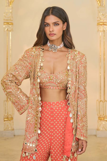 Arpita Mehta Coral Georgette Embroidery, Mirrors, Sequins, Linear Jacket Blouse And Sharara Set Online at Aza Fashions Arpita Mehta_Coral Georgette Embroidery, Mirrors, Sequins, Linear Jacket Blouse And Sharara Set _Online_at_Aza_Fashions